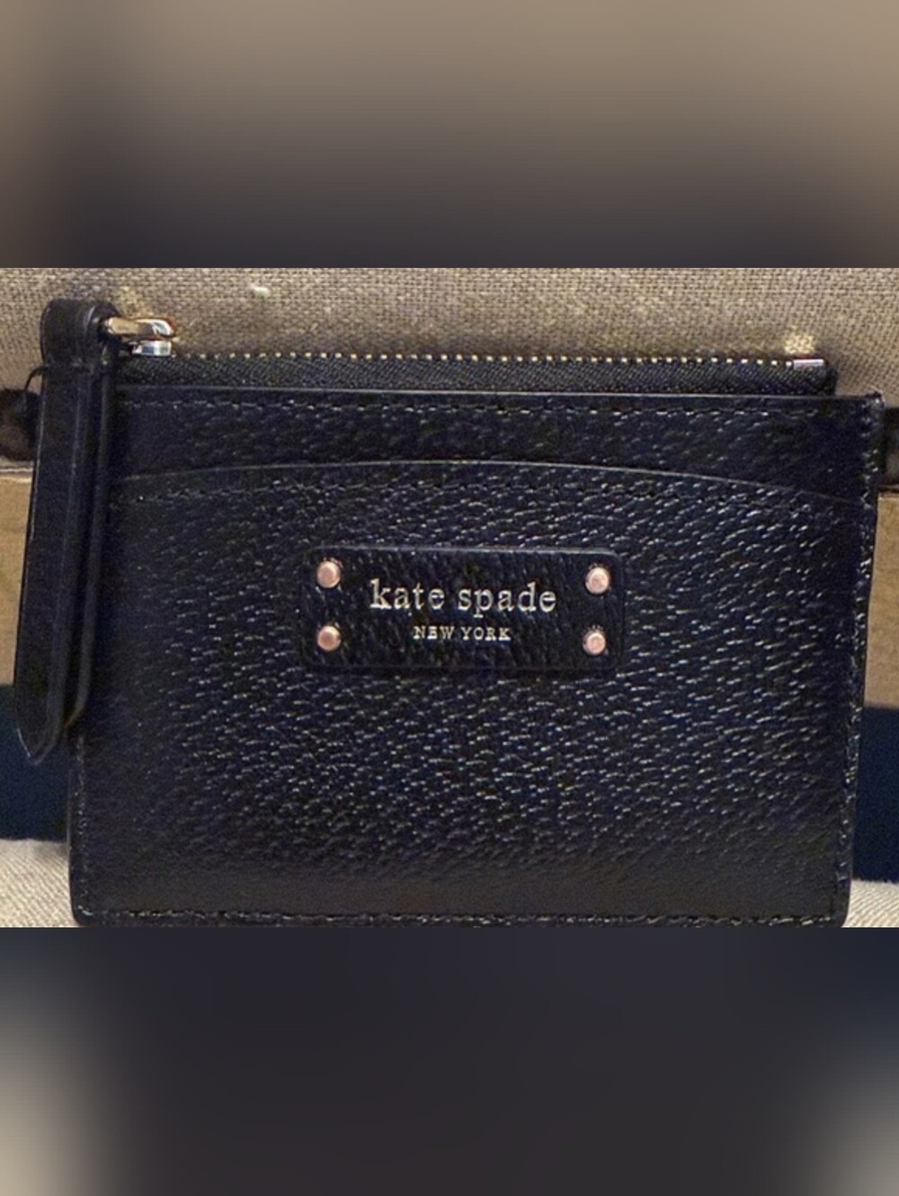 kate spade Black Pebbled Leather Card Case with Zip
